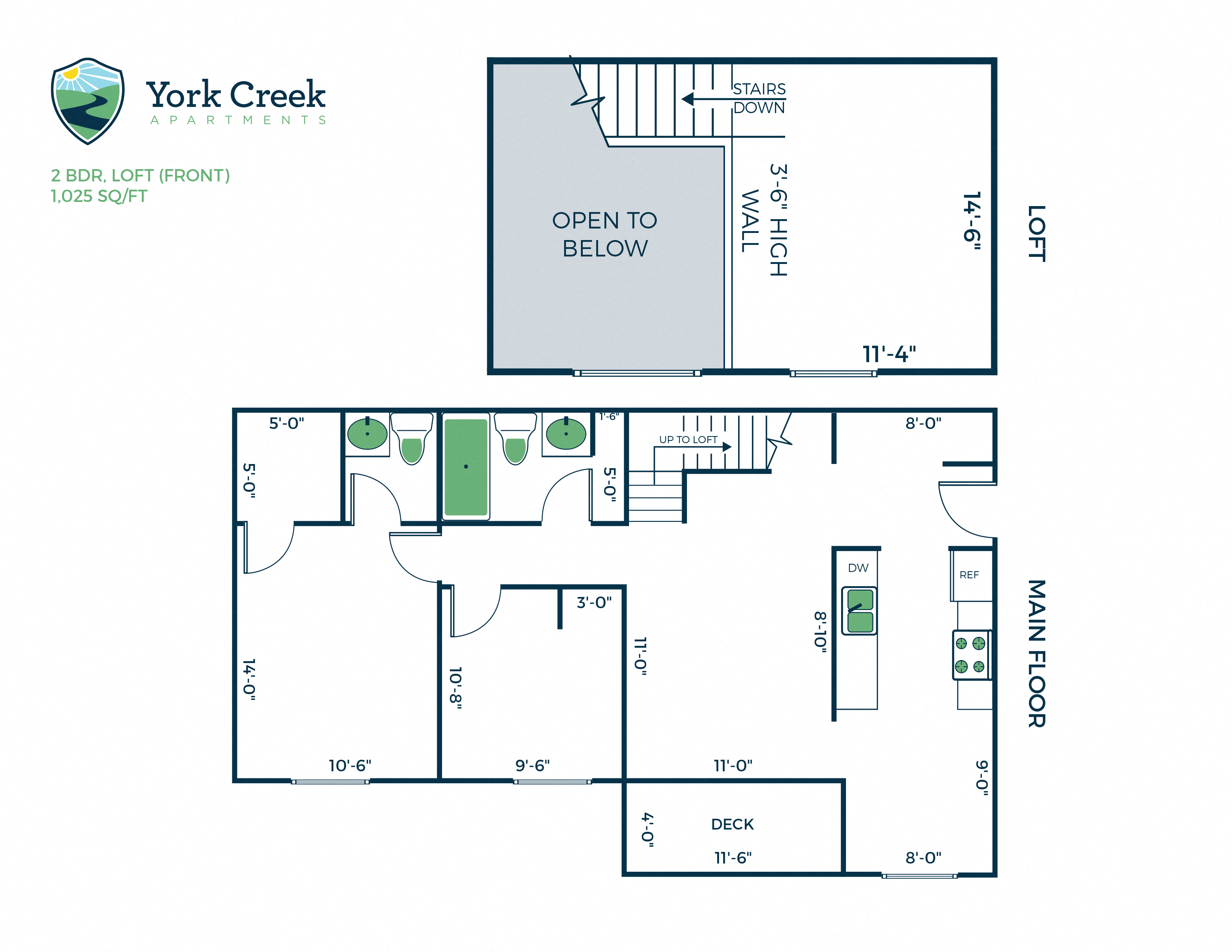 Floor plan for 2 beds, 1.5 baths, 1025 sqft